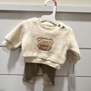 Cloud Island Newborn Bear Sweater & Pants Set Ivory Beige Knit Cotton 2 Piece